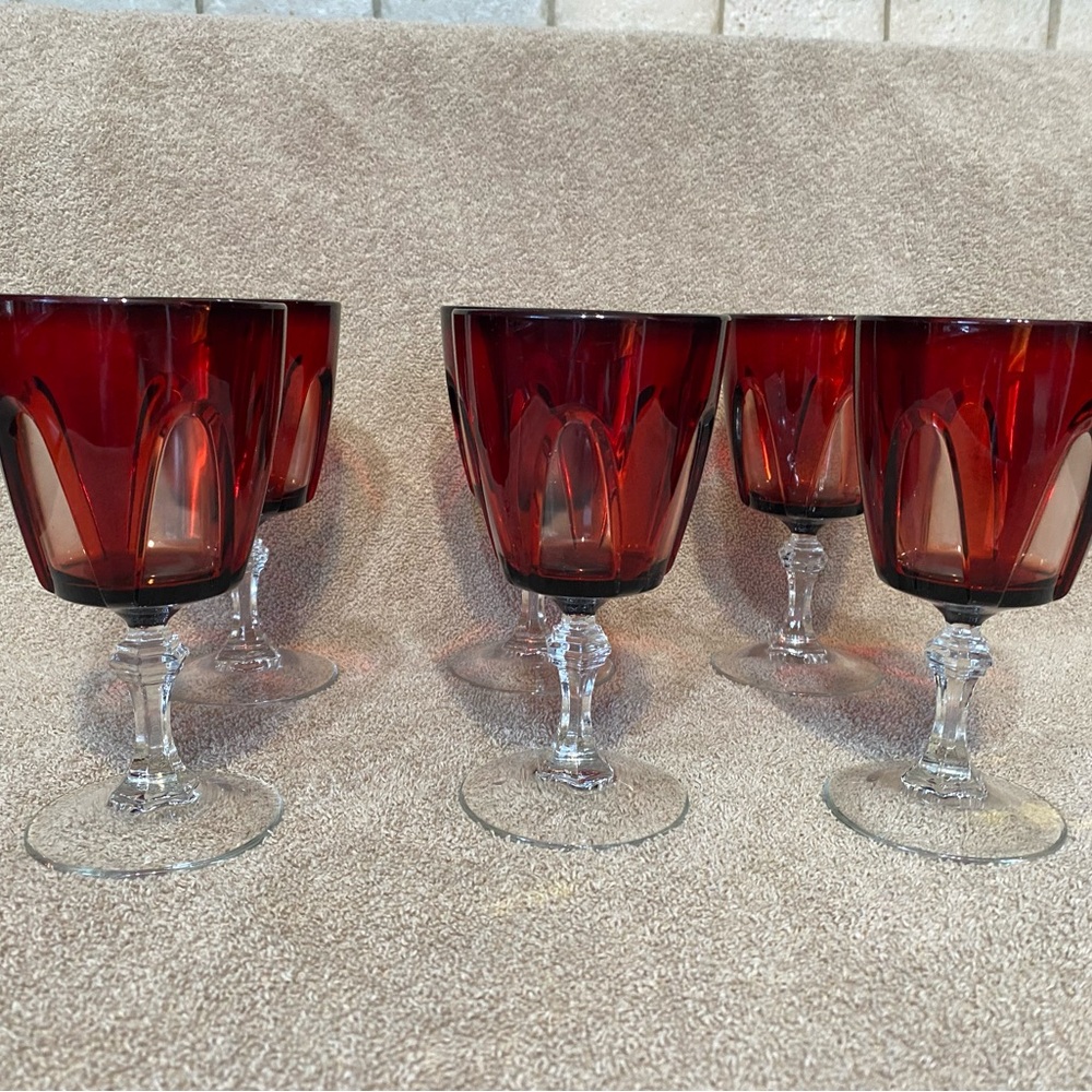 VTG cranberry cut to clear crystal set of 6 wine glasses stemmed goblets France - Picture 3 of 3